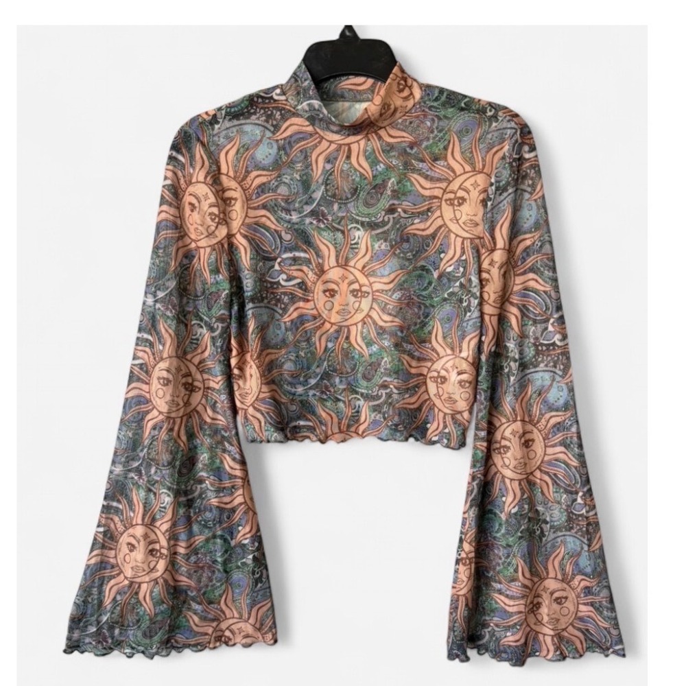 Mesh Crop Top Festival Boho Fairycore Hippie Celestial Indie Bell Sleeve Medium